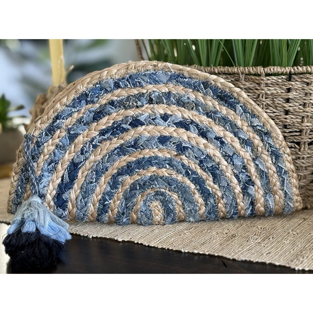 SHIRALEAH Chicago Jute/Cotton Crescent Burlap Blue/Tan Clutch Bag Vacation Beach
